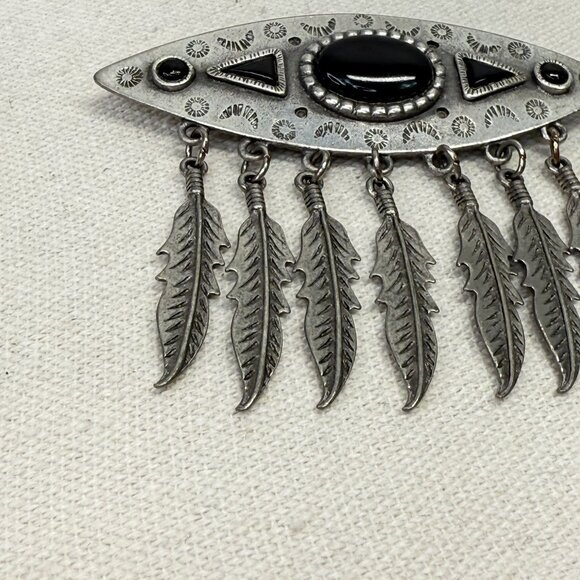 JJ Jonette Southwestern Design Feathers Black Stone Dangle Brooch Vintage 1988 - Picture 4 of 8